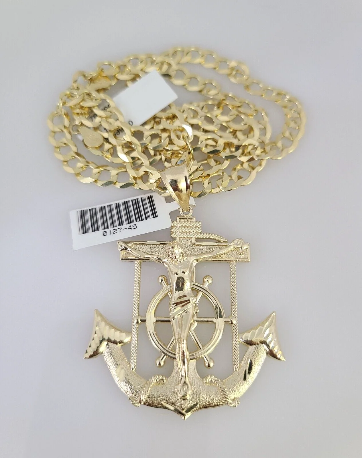 10k Gold Solid Cuban Curb Chain Necklace Jesus Anchor Pendant Set 6mm 20"-30" - Image 3