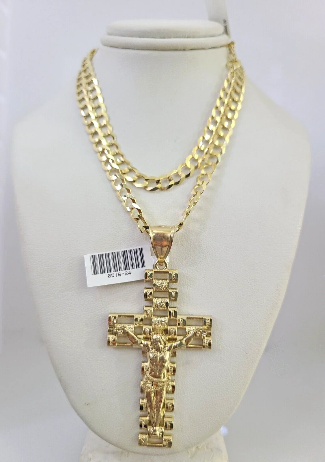 10k Gold Solid Cuban Curb Chain Necklace Jesus Cross Pendant Set 6mm 20"-30"