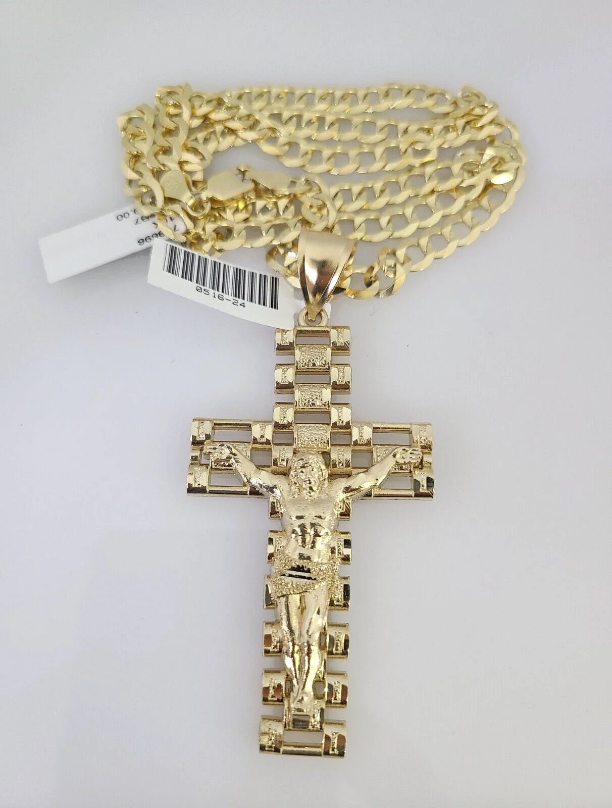 10k Gold Solid Cuban Curb Chain Necklace Jesus Cross Pendant Set 6mm 20"-30" - Image 5