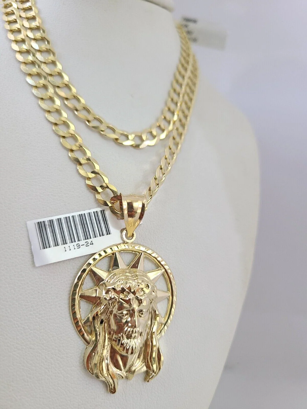 10k Gold Solid Cuban Curb Chain Necklace Jesus Head Pendant Set 6mm 20"-30" - Image 6