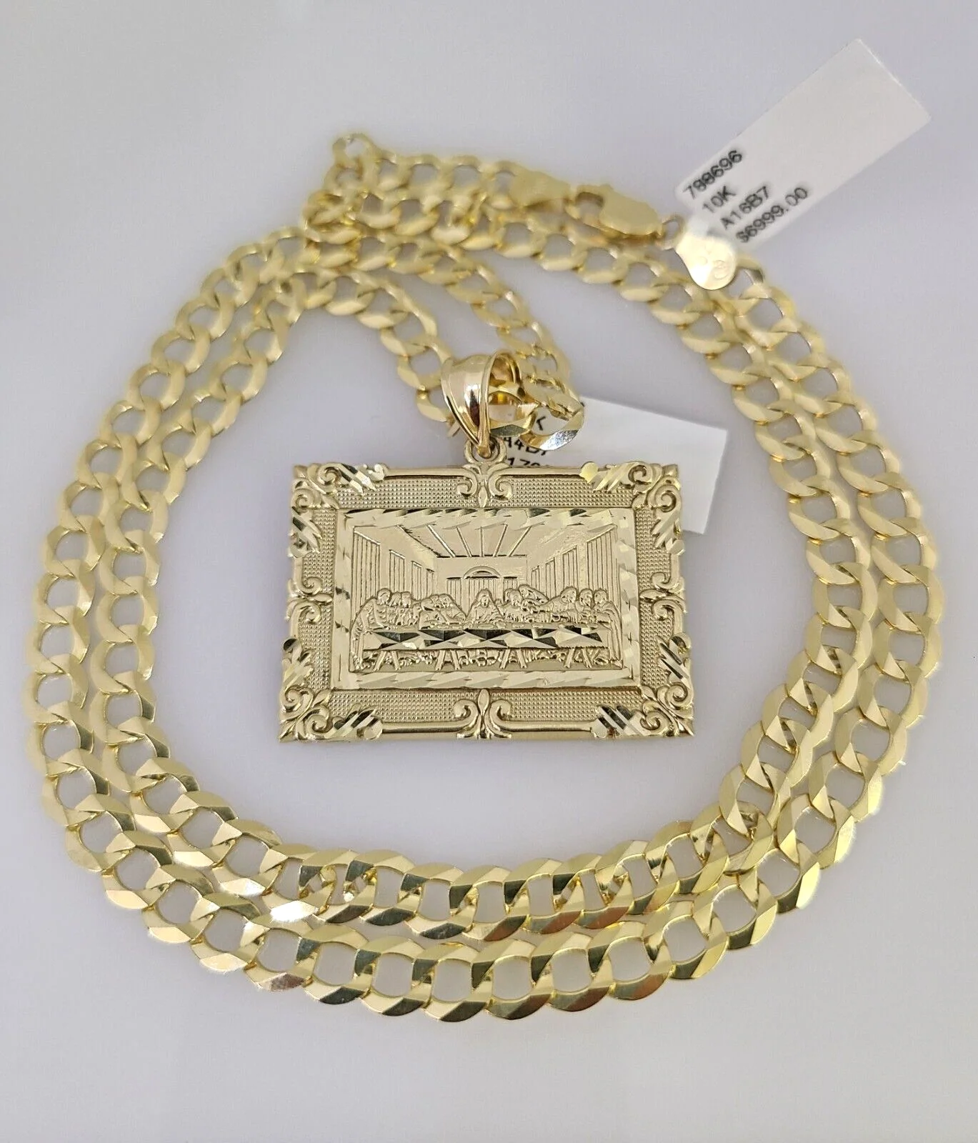 10k Gold Solid Cuban Curb Chain Necklace Last Supper Pendant Set 6mm 20"-30" - Image 5