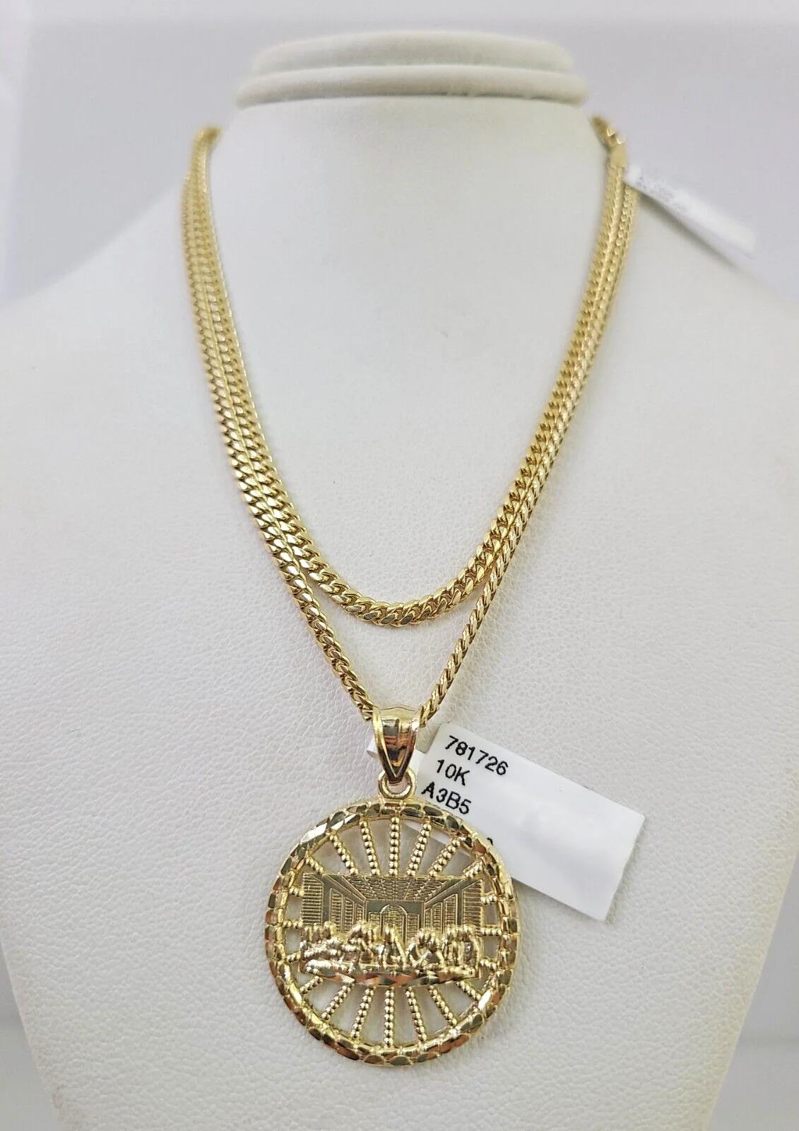 10k Gold Solid Miami Cuban Chain Necklace Last Supper Pendant 2.5mm 18-24" Set