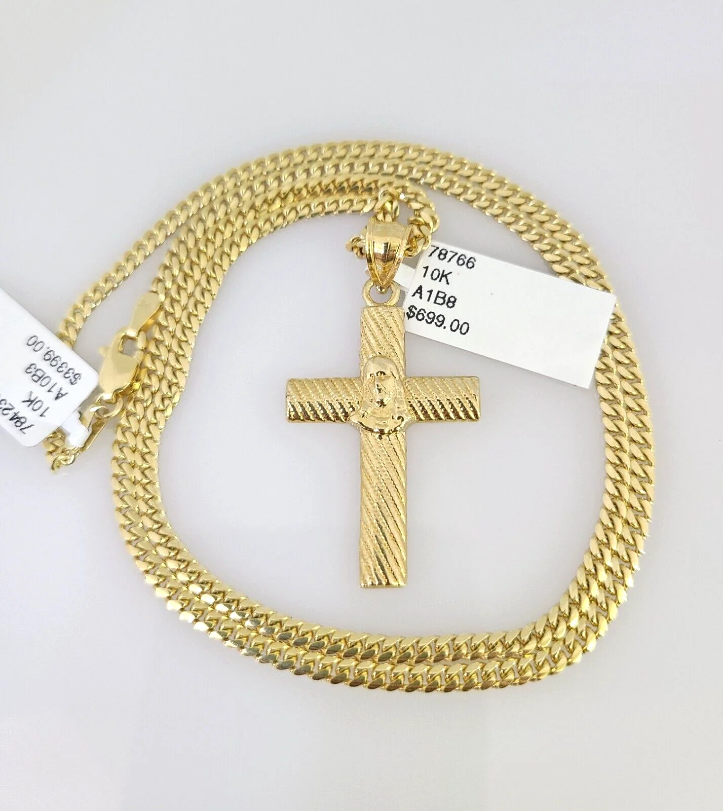 10k Gold Solid Miami Cuban Necklace Jesus Cross Pendant 2.5mm 18-24" Chain Set