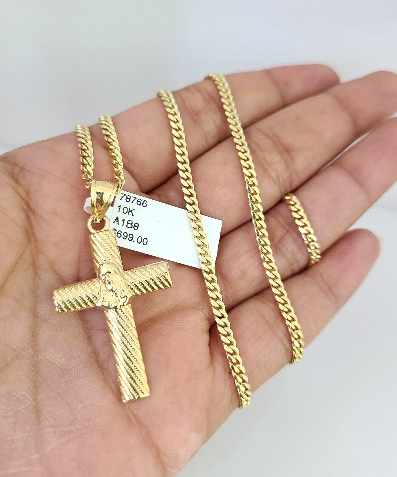 10k Gold Solid Miami Cuban Necklace Jesus Cross Pendant 2.5mm 18-24" Chain Set - Image 2