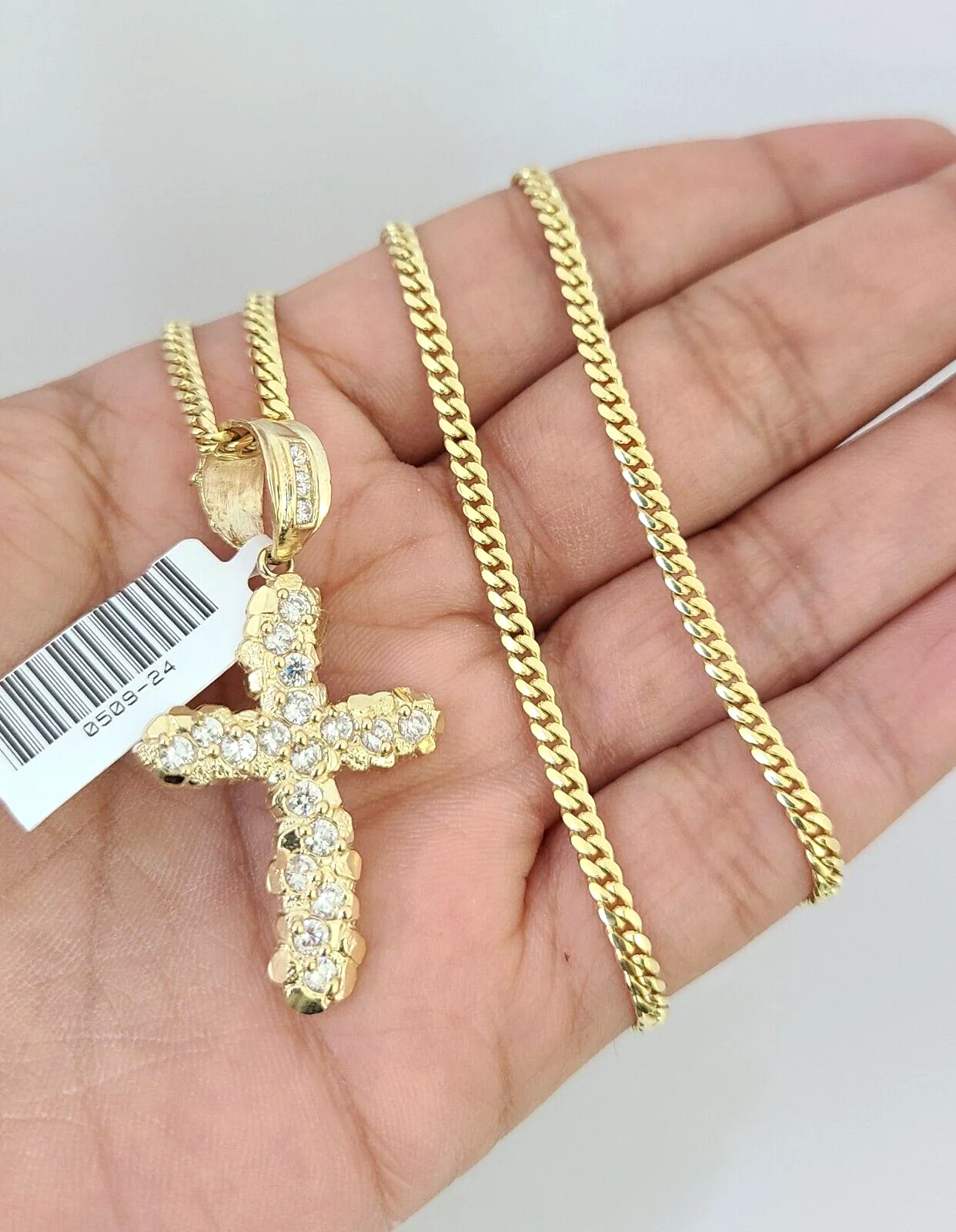 10k Gold Solid Miami Cuban Necklace Jesus Cross Pendant 2.5mm 18-24" Chain Set