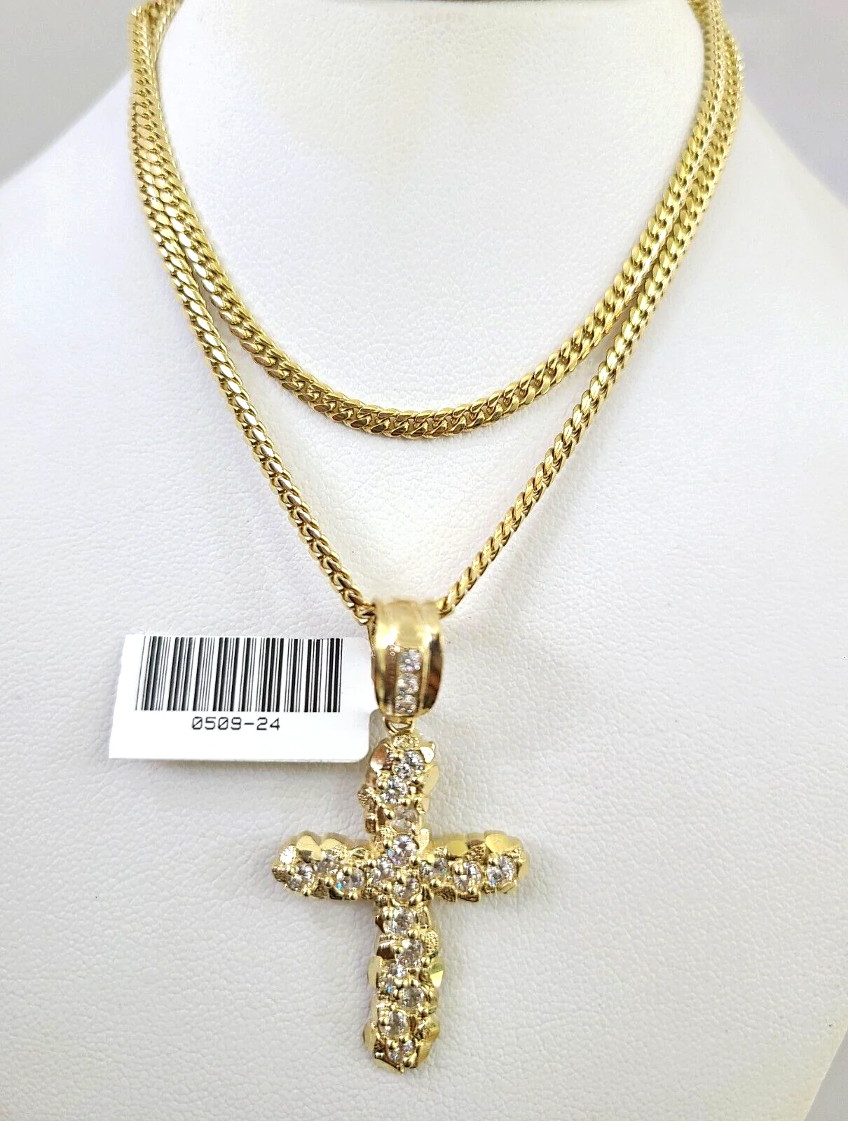 10k Gold Solid Miami Cuban Necklace Jesus Cross Pendant 2.5mm 18-24" Chain Set - Image 2