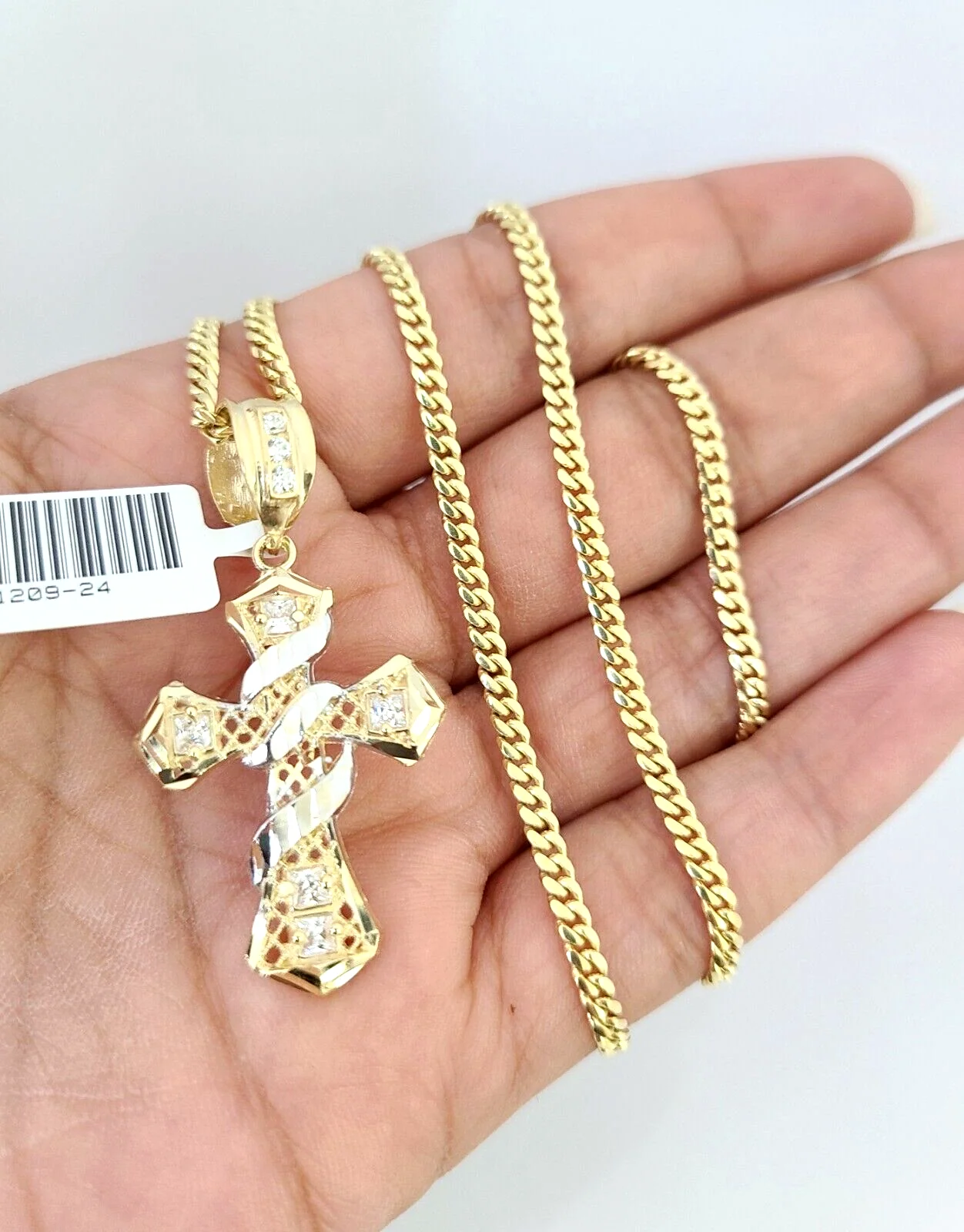 10k Gold Solid Miami Cuban Necklace Spiral Cross Pendant 2.5mm 18-24" Chain Set