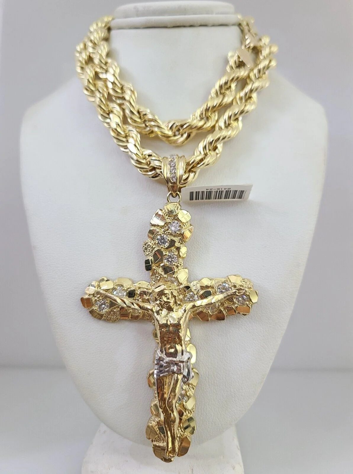 10k Hollow Rope Chain Nugget Jesus Cross Charm Necklace Set 9mm 20"-30" Gold