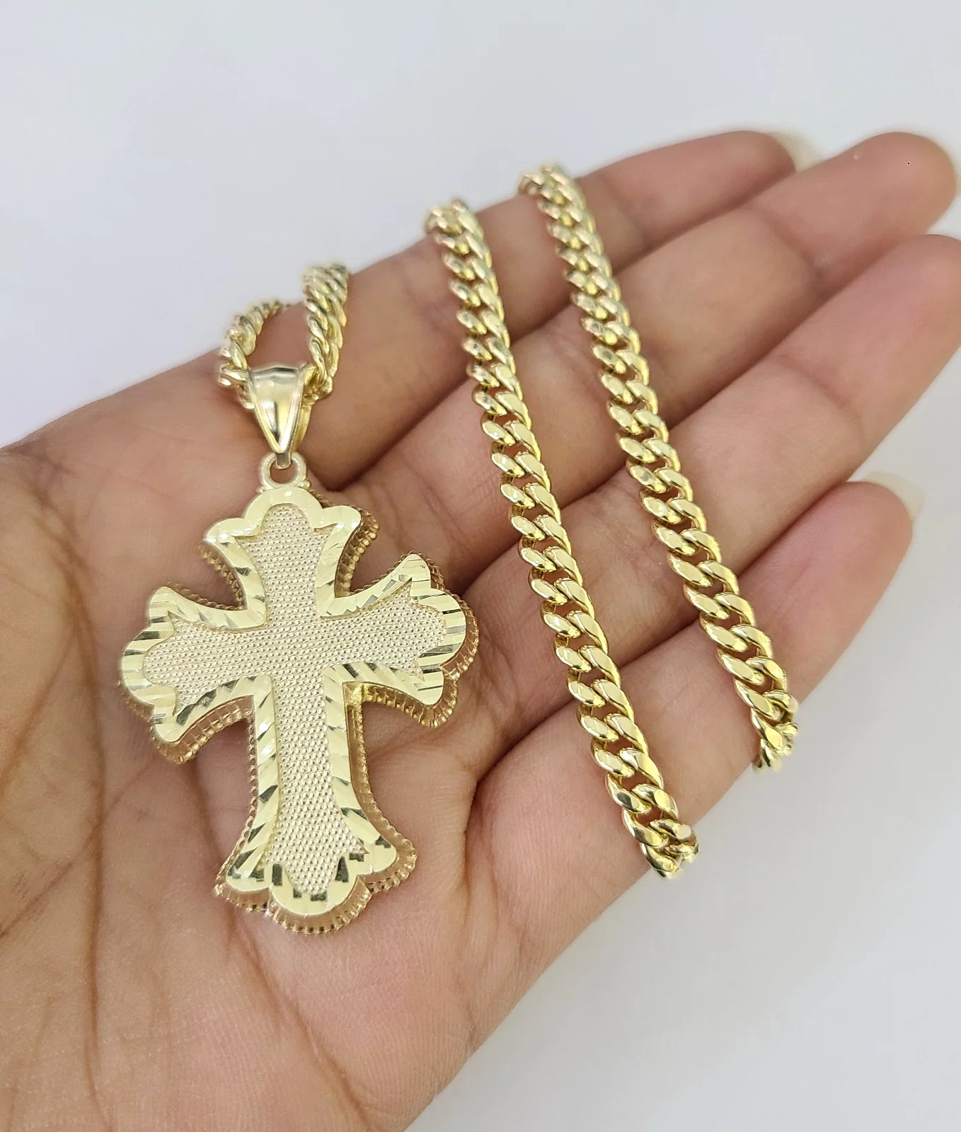 10k Jesus Cross Charm Miami Cuban Chain Pendant Set 5mm 18"28" Necklace Gold - Image 3