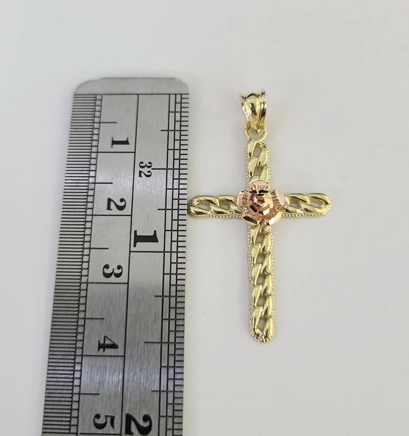 10k Jesus Cross Rose Charm Pendant Religious REAL 10Kt Yellow Gold - Image 2