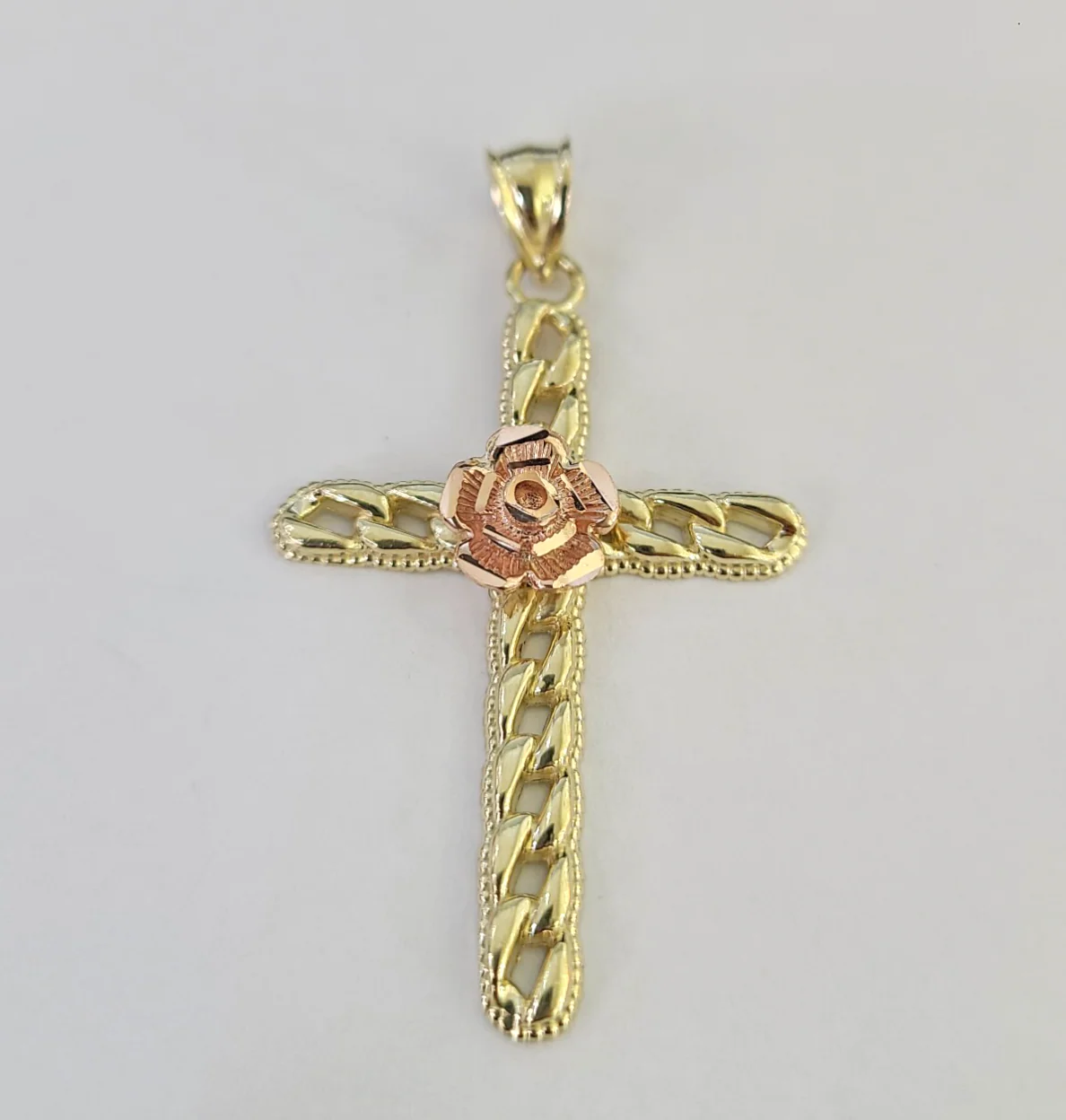 10k Jesus Cross Rose Charm Pendant Religious REAL 10Kt Yellow Gold