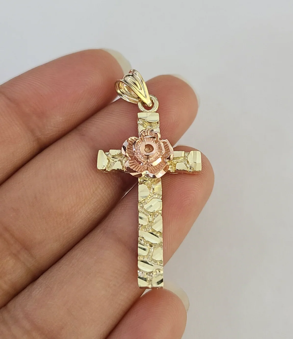 10k Jesus Cross Rose Nugget Charm Pendant Religious REAL 10Kt Yellow Gold