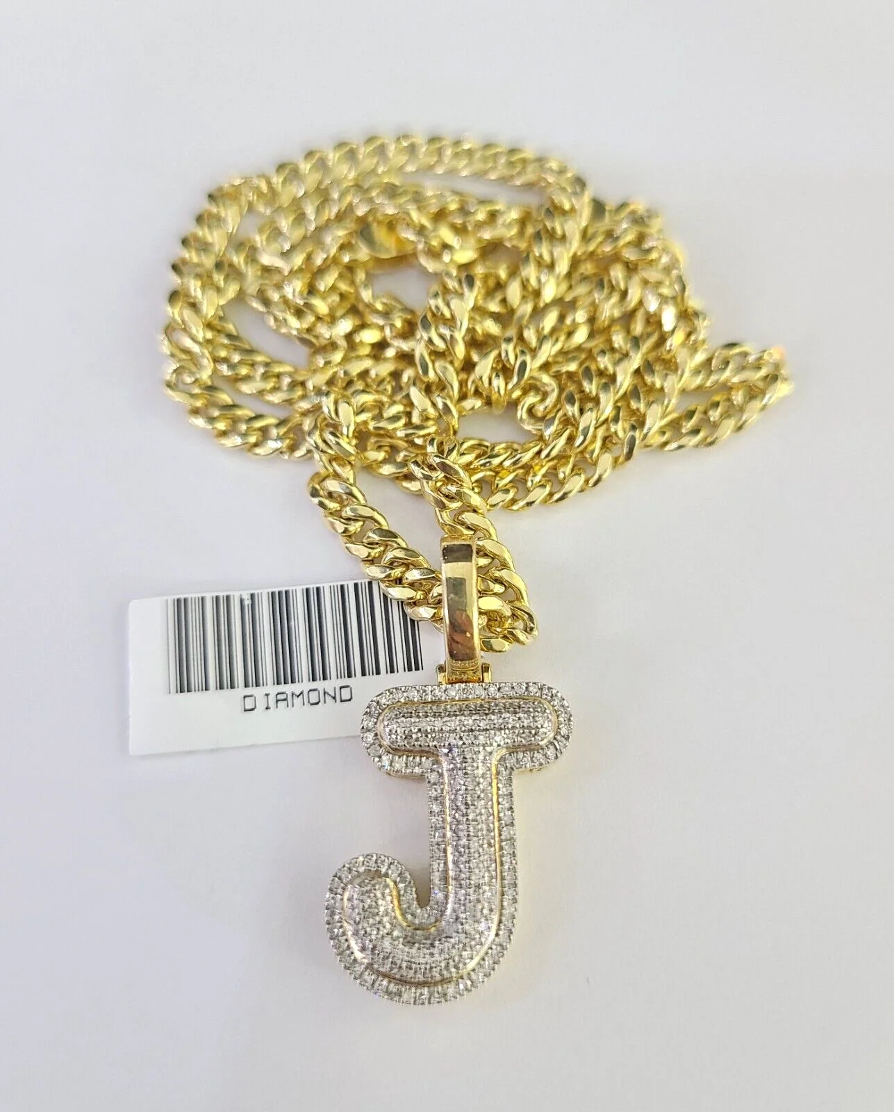 10k Miami Cuban Chain Diamond J Initial Charm Set 4mm 18"-28" Necklace Gold - Image 2