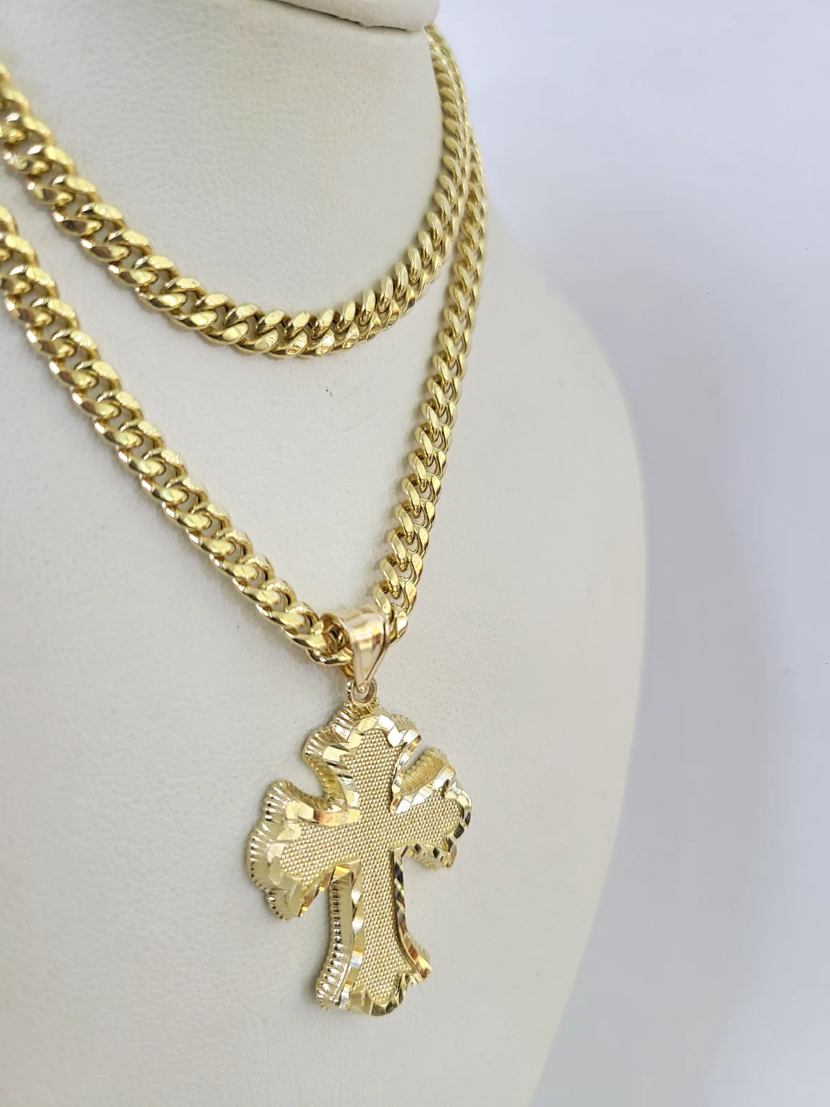 10k Miami Cuban Chain Jesus Cross Charm Pendant Set 5mm 18"28" Necklace Gold - Image 2