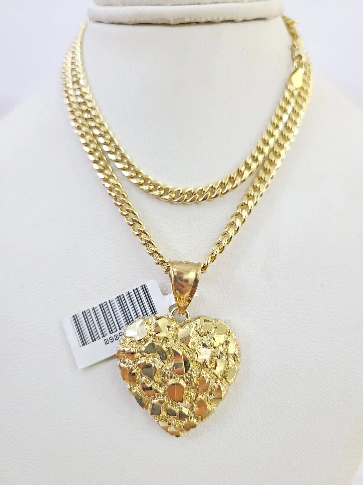 10k Miami Cuban Chain Nugget Heart Charm Set 4mm 18"-28" Necklace Yellow Gold