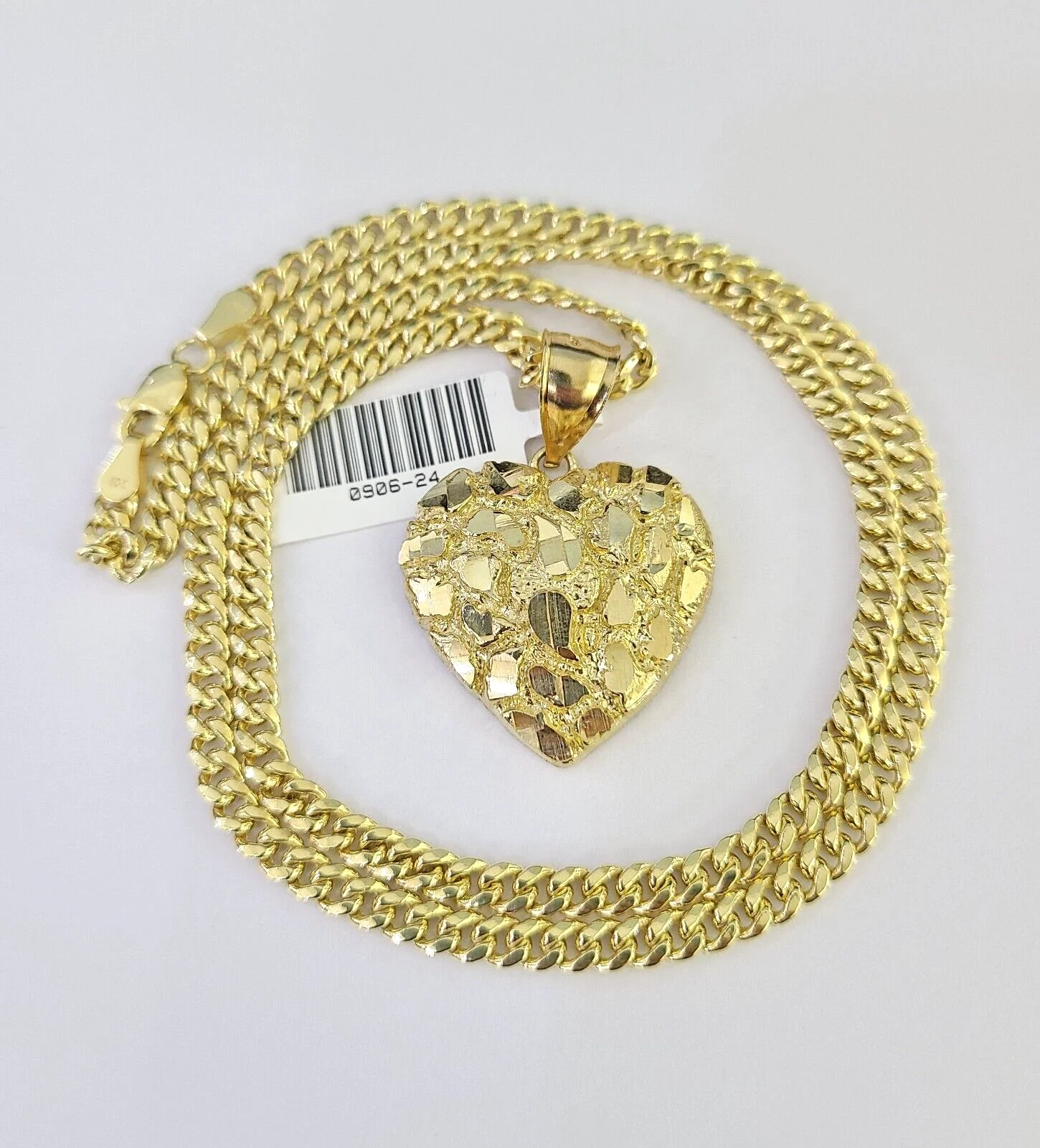 10k Miami Cuban Chain Nugget Heart Charm Set 4mm 18"-28" Necklace Yellow Gold - Image 2