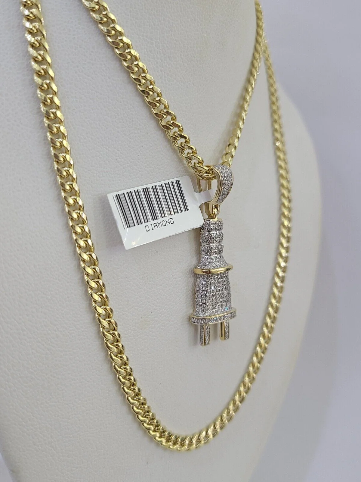 10k Miami Cuban Chain Plug Socket Charm Diamond Set 4.5mm 20"-28" Necklace Gold