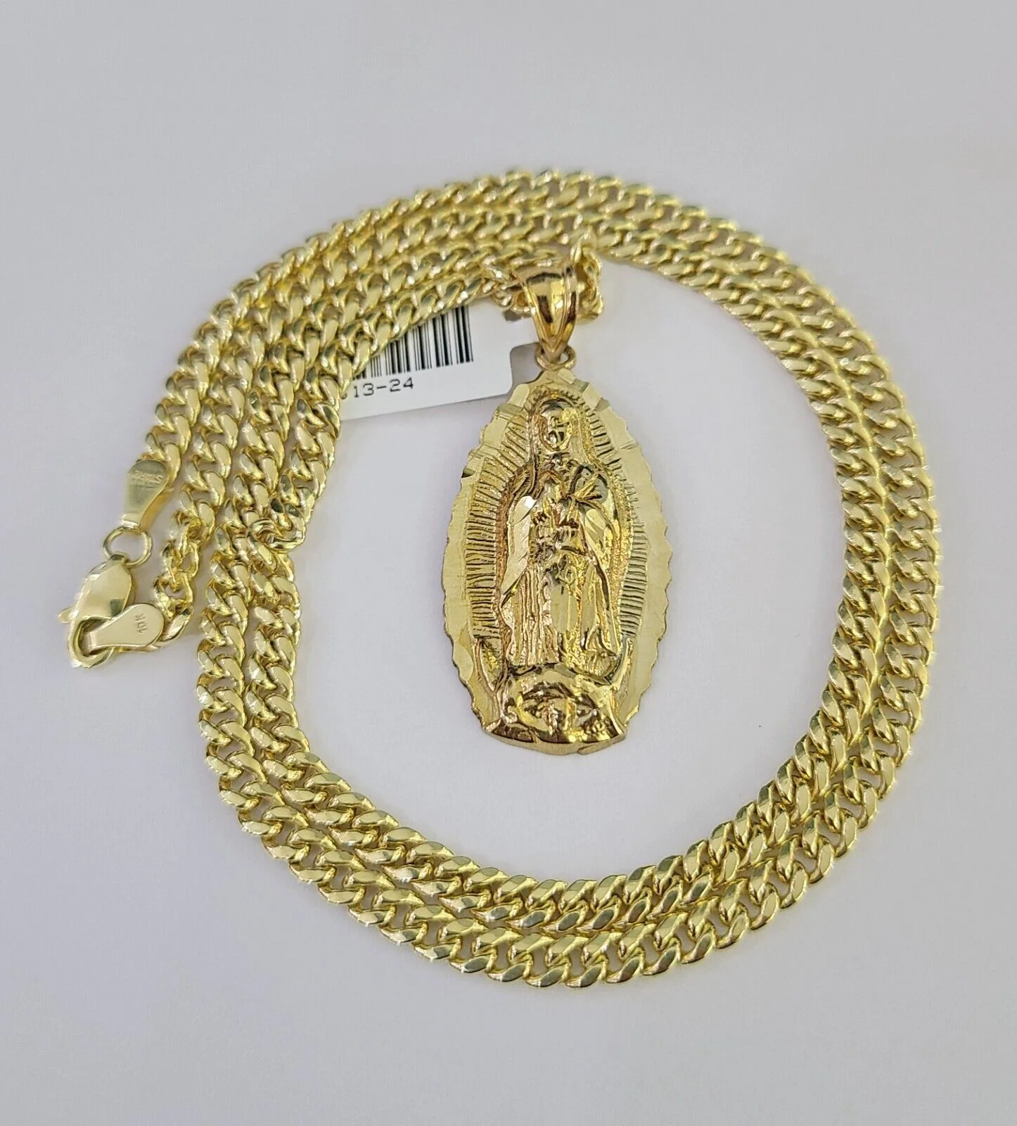 10k Miami Cuban Chain Virgin Mary Charm Set 4mm 18"-28" Necklace Yellow Gold - Image 4
