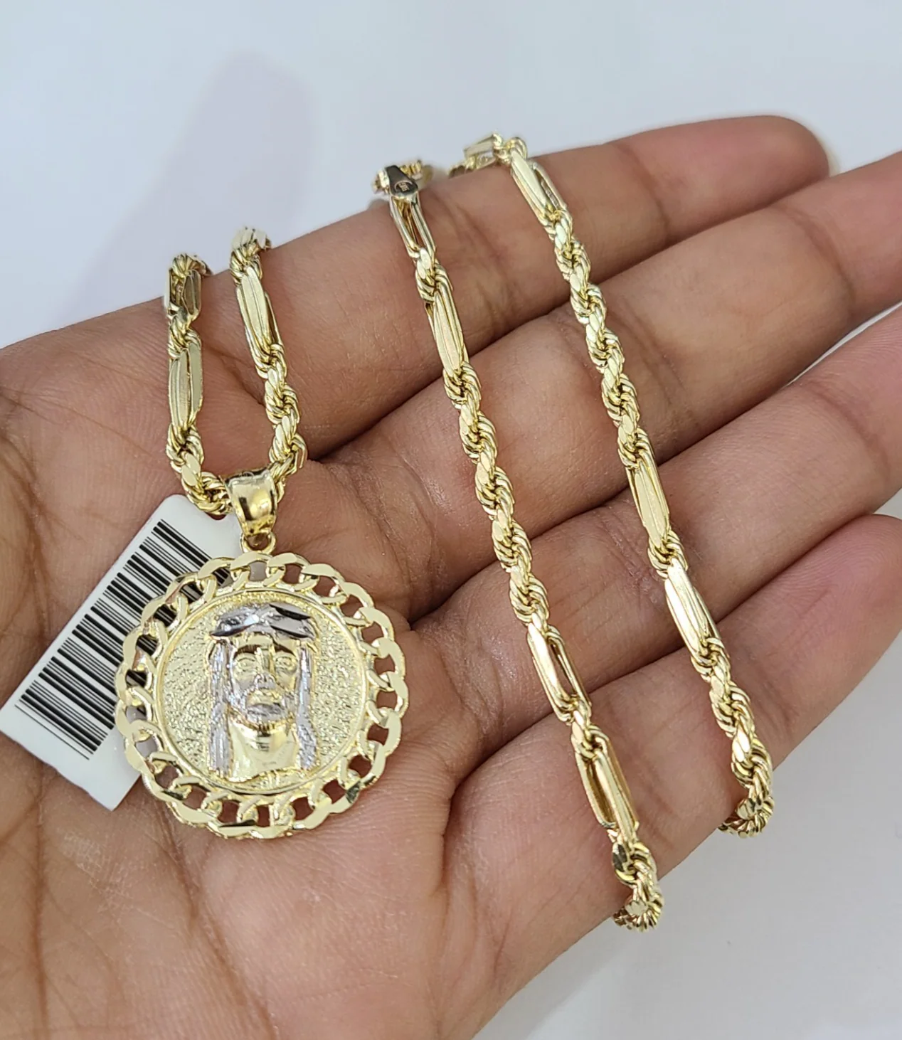 10k Milano Rope Chain Jesus Head Charm Necklace SET 3mm 18"-26" Pendant