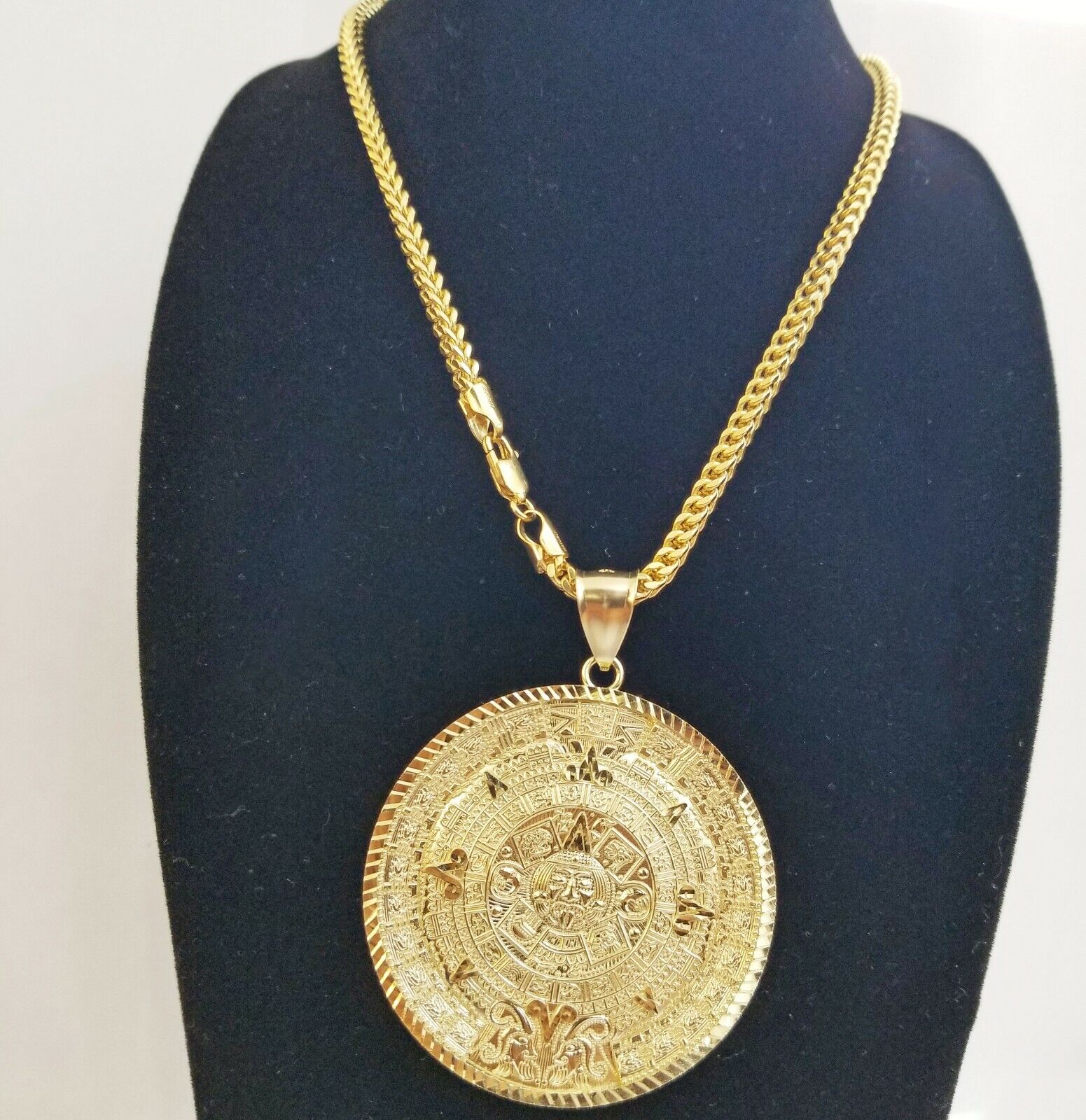 10k Real Gold Aztec Calendar Pendant Charm 3mm 20" 22" 24" Franco Chain - Image 2