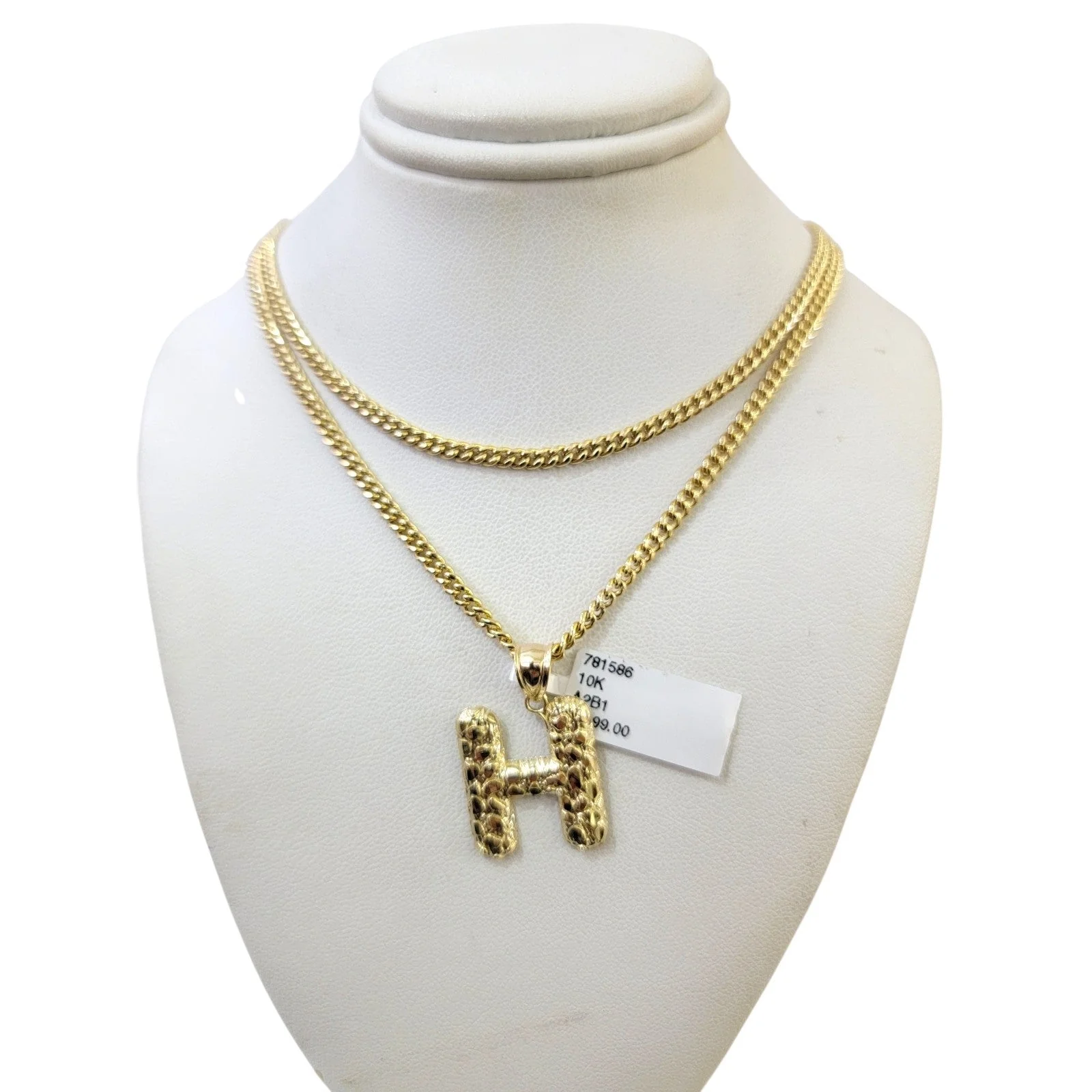 10k Real Gold Miami Cuban Link Chain H Initial Charm Pendant 2.5mm SET Necklace - Image 2