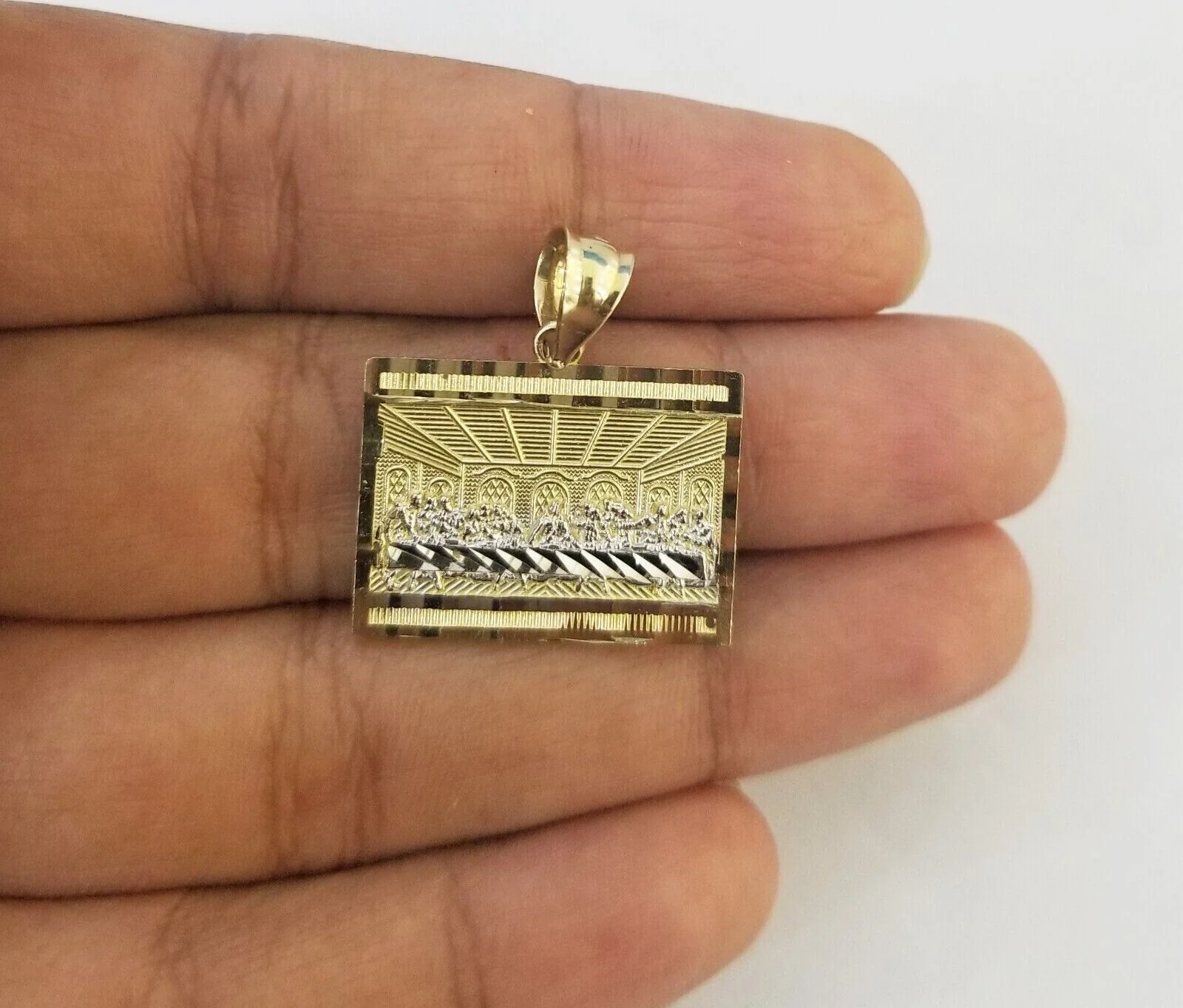 10k Real Yellow Gold Last Supper Charm Pendant Diamond cut Design Men Women