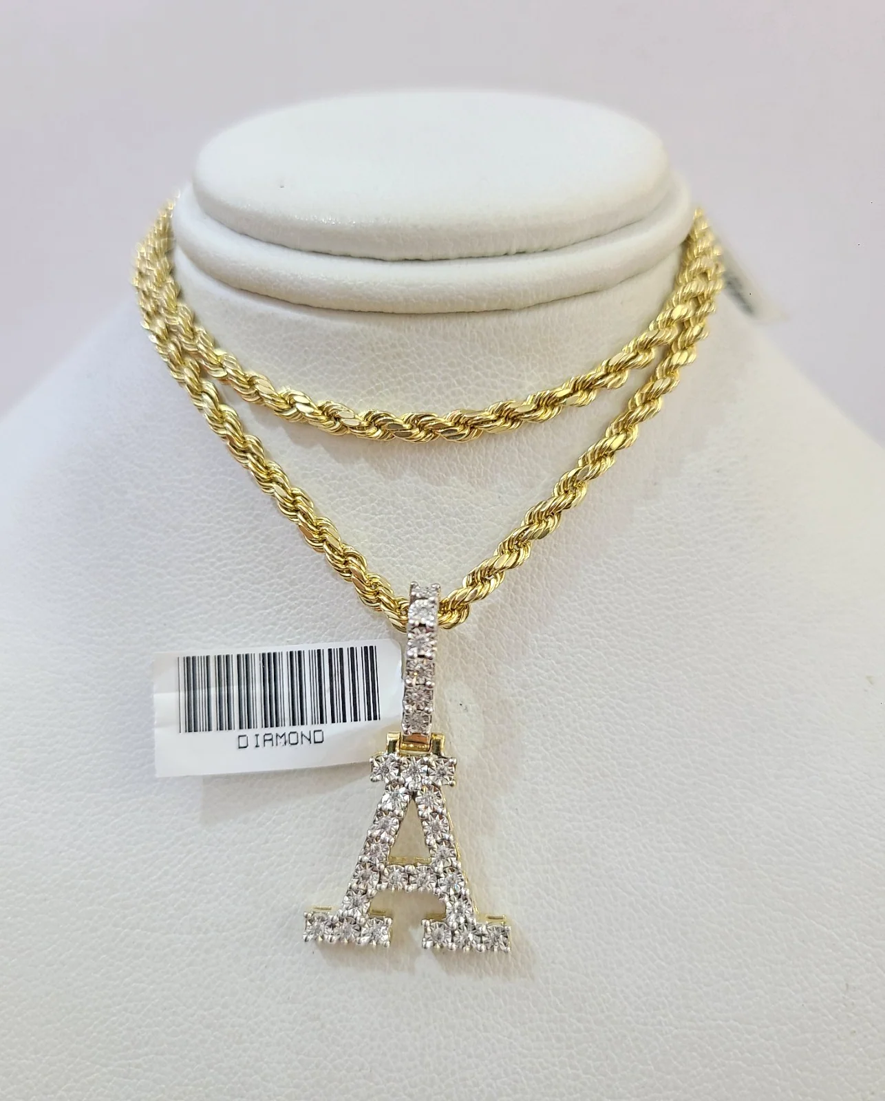 10k Rope Chain A Diamond Initial Charm Necklace Pendant Set 2mm 18"-24" Gold