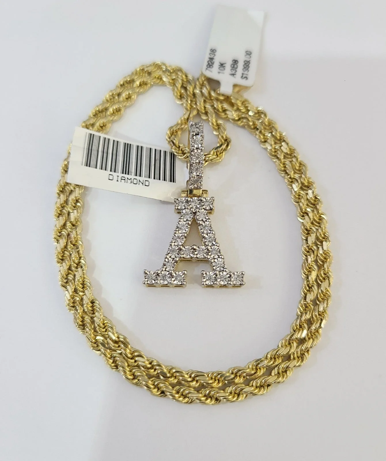 10k Rope Chain A Diamond Initial Charm Necklace Pendant Set 2mm 18"-24" Gold - Image 3
