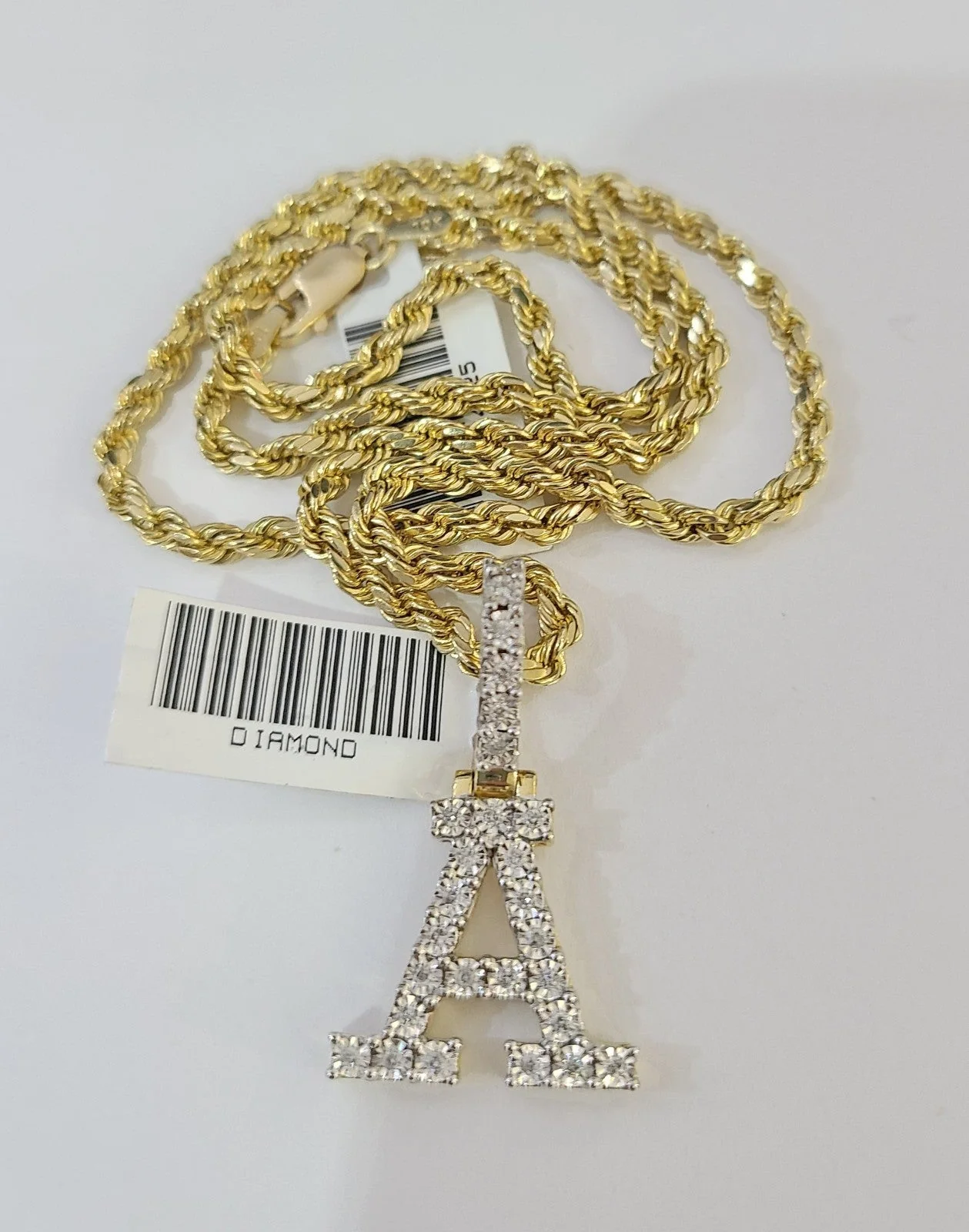 10k Rope Chain A Diamond Initial Charm Necklace Pendant Set 2mm 18"-24" Gold - Image 6