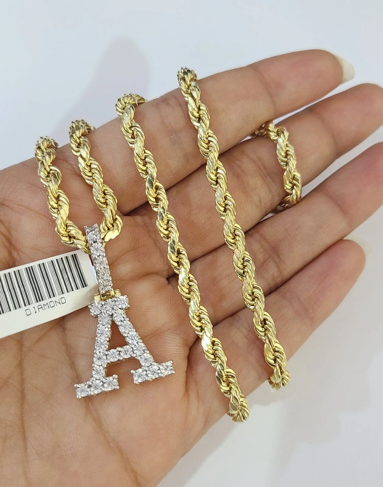 10k Rope Chain A Diamond Initial Charm Necklace Pendant Set 4mm 20"-30" Gold