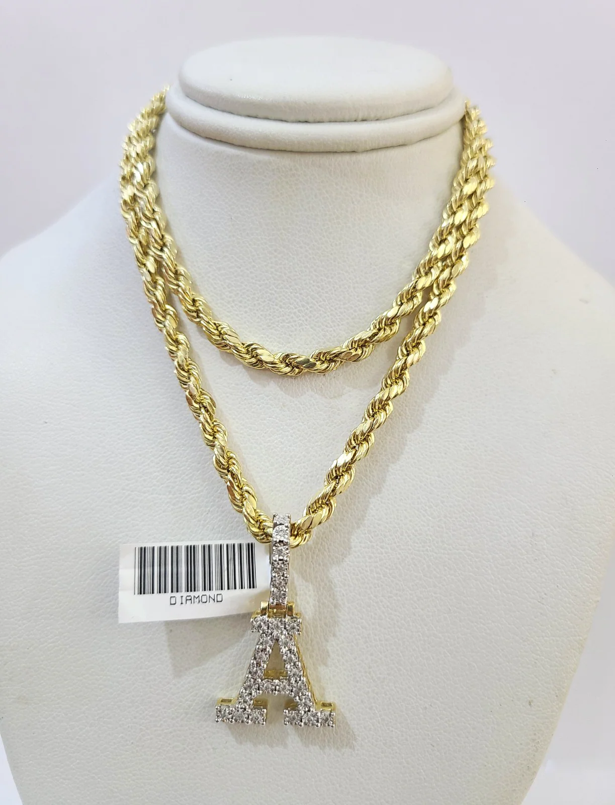10k Rope Chain A Diamond Initial Charm Necklace Pendant Set 4mm 20"-30" Gold - Image 5