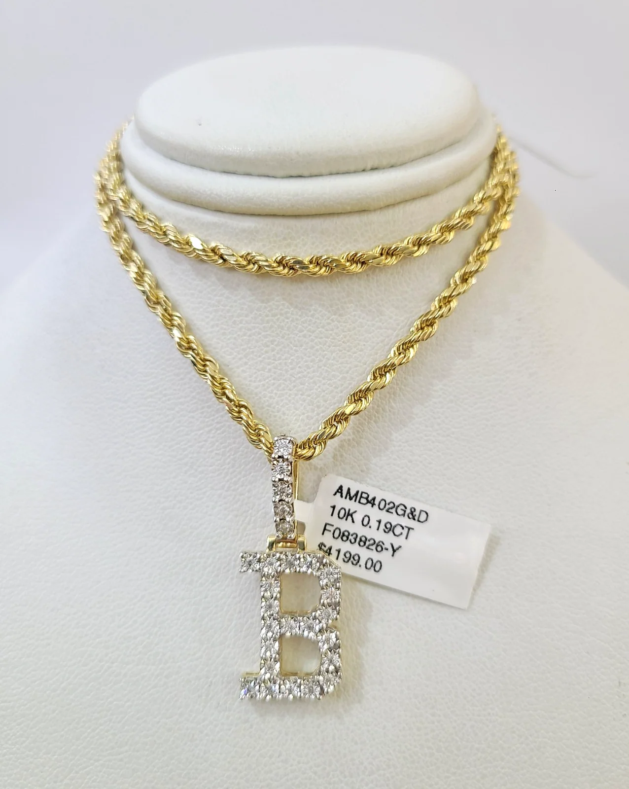 10k Rope Chain B Diamond Initial Charm Necklace Pendant Set 2mm 18"-24" Gold