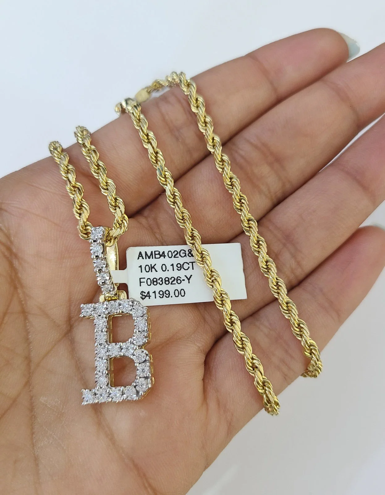 10k Rope Chain B Diamond Initial Charm Necklace Pendant Set 2mm 18"-24" Gold - Image 3