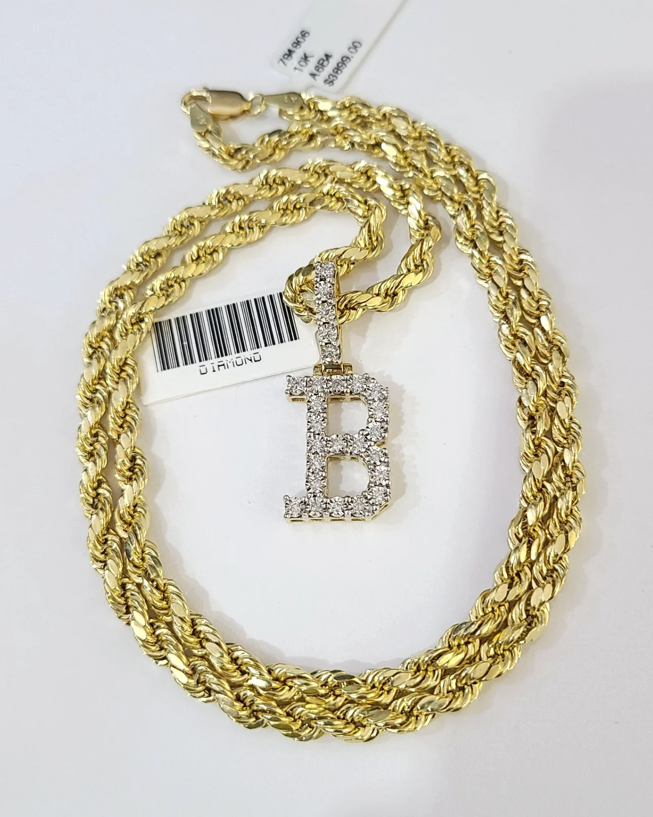 10k Rope Chain B Diamond Initial Charm Necklace Pendant Set 4mm 20"-30" Gold