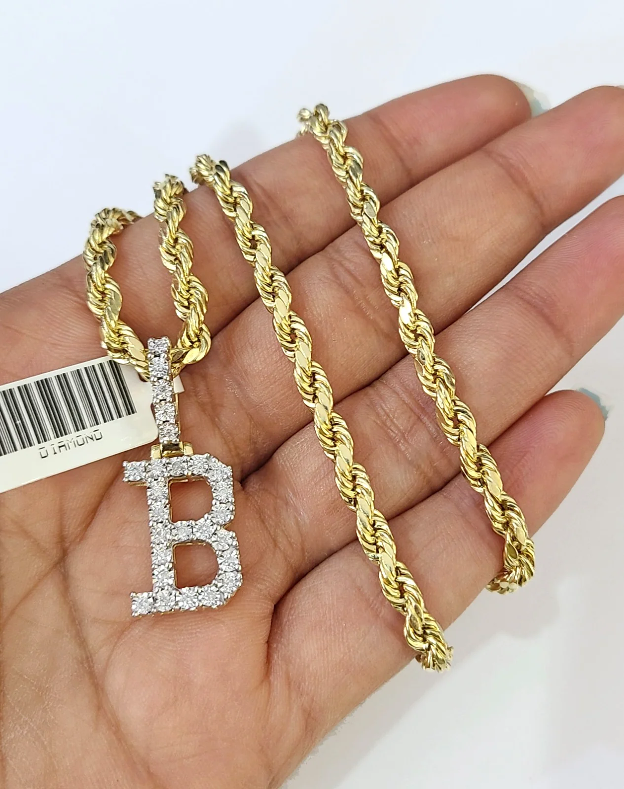 10k Rope Chain B Diamond Initial Charm Necklace Pendant Set 4mm 20"-30" Gold - Image 6
