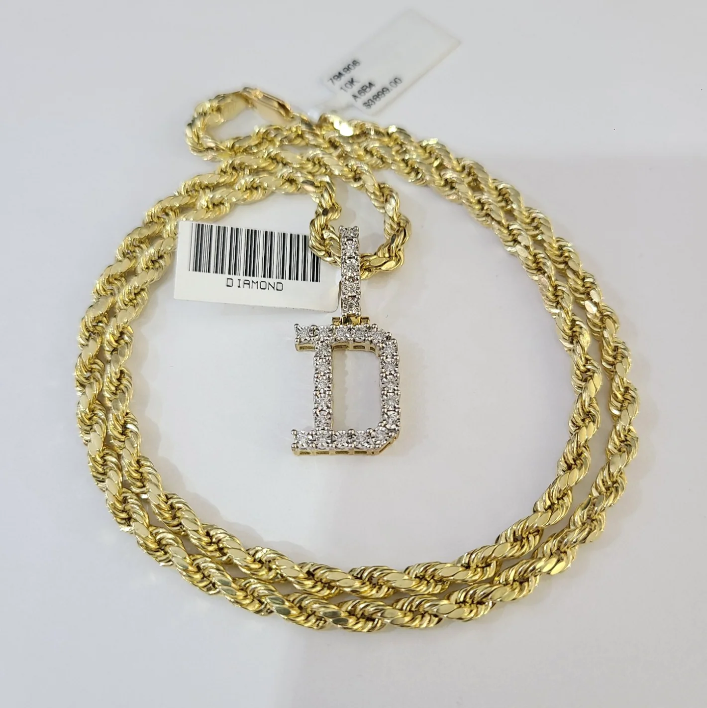10k Rope Chain D Diamond Initial Charm Necklace Pendant Set 4mm 20"-30" Gold