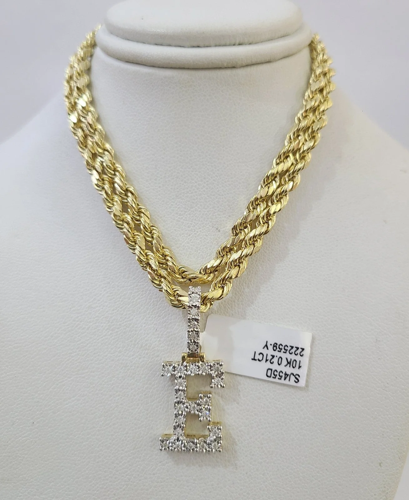 10k Rope Chain E Diamond Initial Charm Necklace Pendant Set 4mm 20"-30" Gold