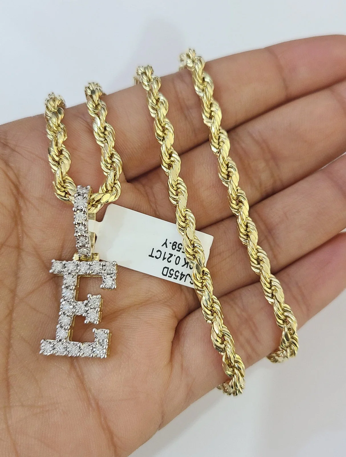 10k Rope Chain E Diamond Initial Charm Necklace Pendant Set 4mm 20"-30" Gold - Image 6
