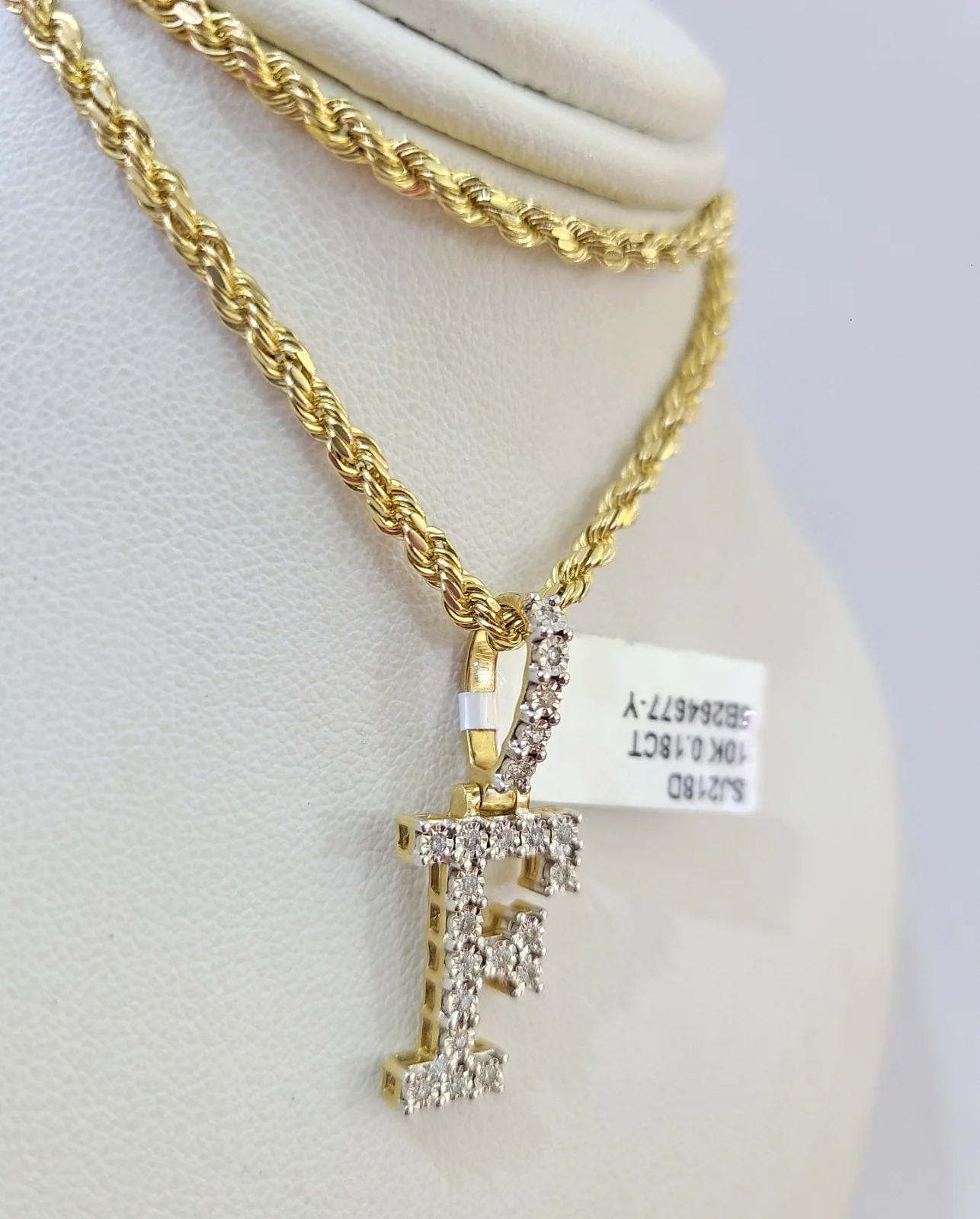 10k Rope Chain F Diamond Initial Charm Necklace Pendant Set 2mm 18"-24" Gold - Image 3