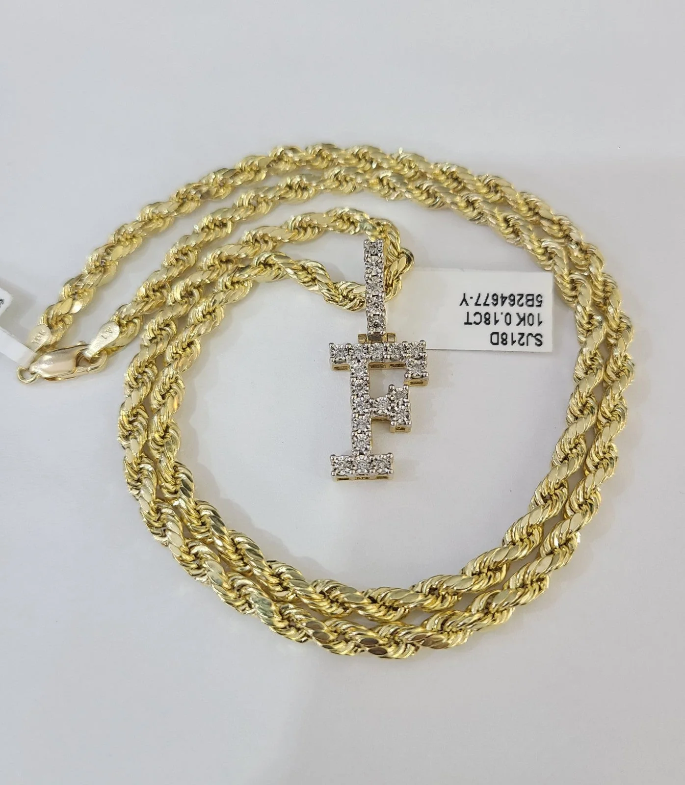 10k Rope Chain F Diamond Initial Charm Necklace Pendant Set 4mm 20"-30" Gold - Image 3