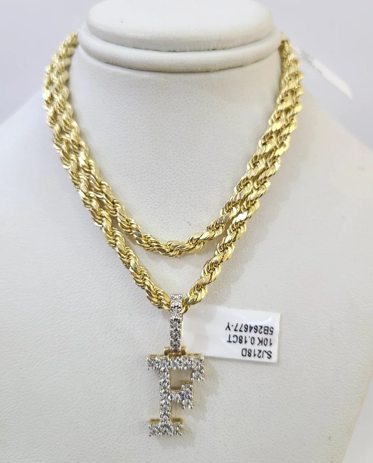 10k Rope Chain F Diamond Initial Charm Necklace Pendant Set 4mm 20"-30" Gold - Image 5