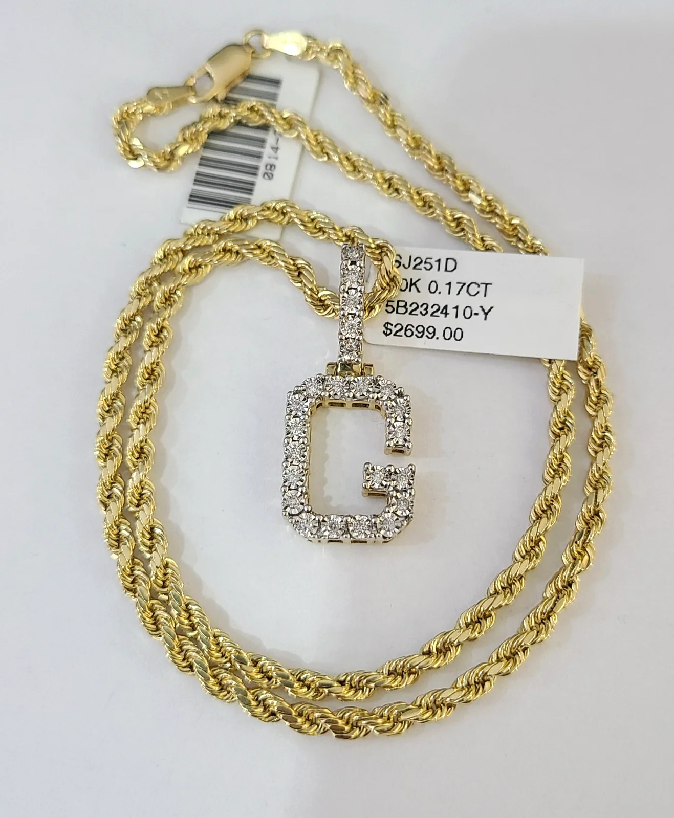 10k Rope Chain G Diamond Initial Charm Necklace Pendant Set 2mm 18"-24" Gold - Image 5