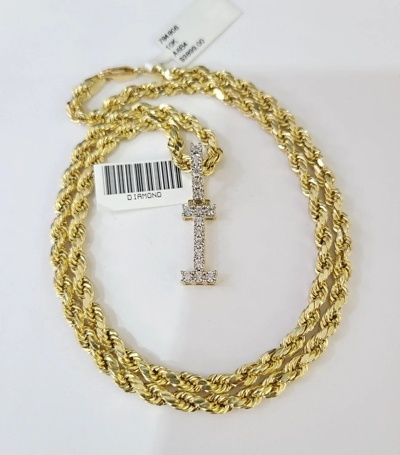 10k Rope Chain I Diamond Initial Charm Necklace Pendant Set 4mm 20"-30" Gold