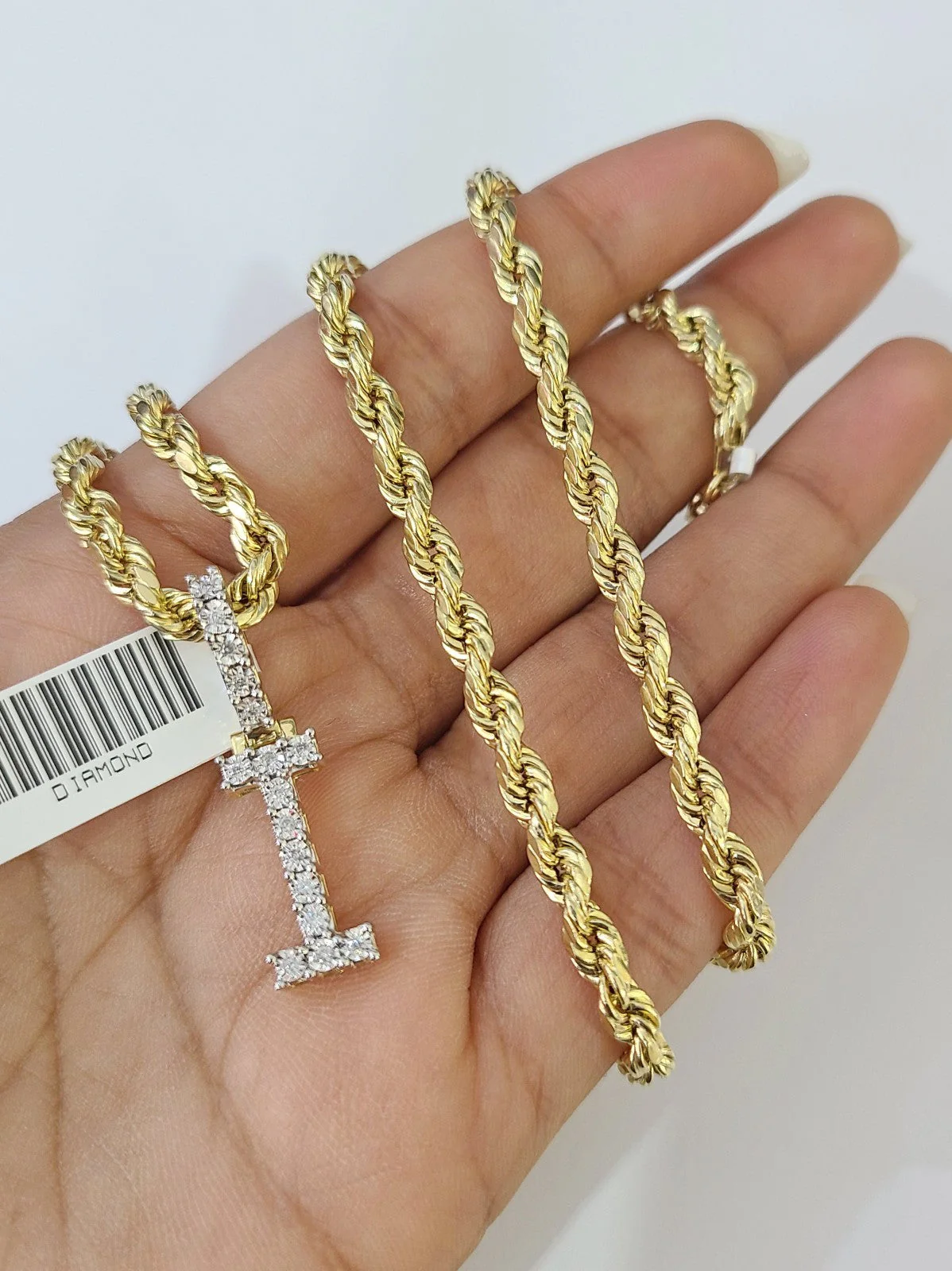 10k Rope Chain I Diamond Initial Charm Necklace Pendant Set 4mm 20"-30" Gold - Image 5