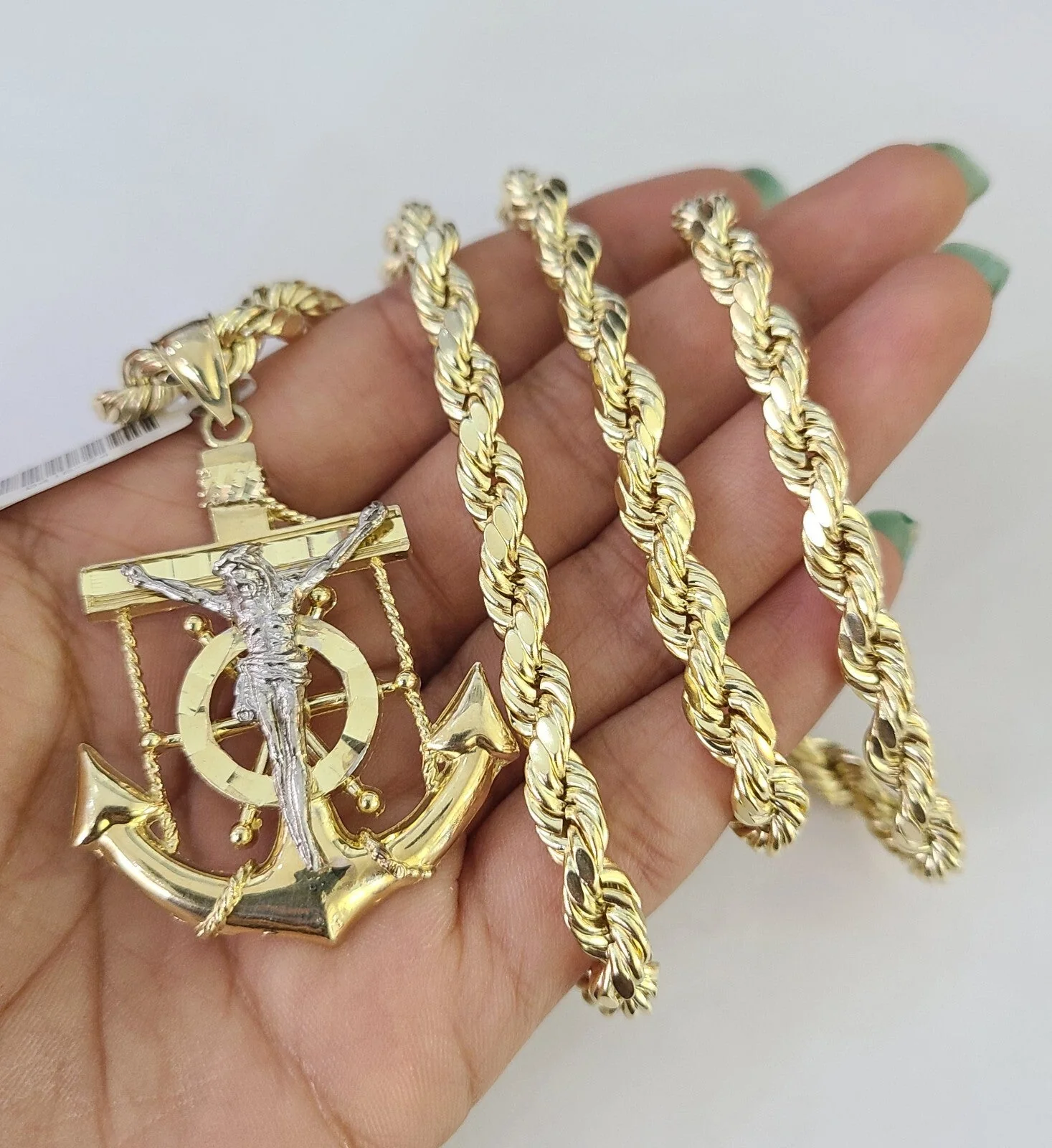 10k Rope Chain Jesus Anchor Charm Pendant Gold 18"-30'' Inch 7mm Necklace