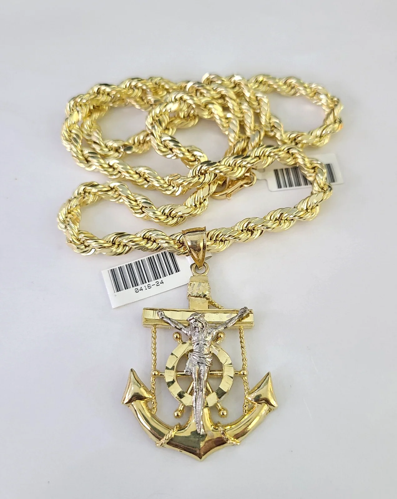 10k Rope Chain Jesus Anchor Charm Pendant Gold 18"-30'' Inch 7mm Necklace - Image 4