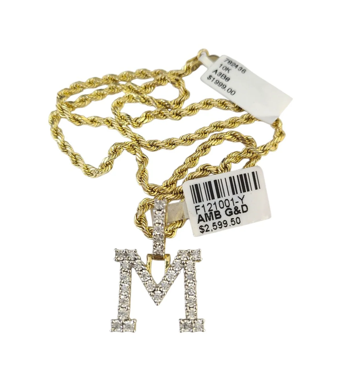 10k Rope Chain M Diamond Initial Charm Necklace Pendant Set 2mm 18"-24" Gold - Image 4