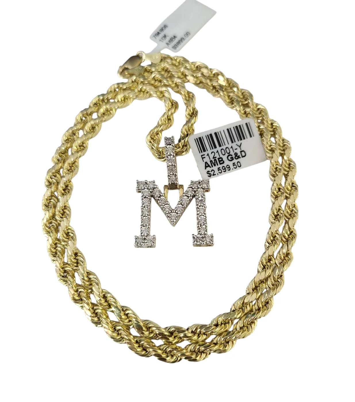 10k Rope Chain M Diamond Initial Charm Necklace Pendant Set 4mm 20"-30" Gold - Image 5