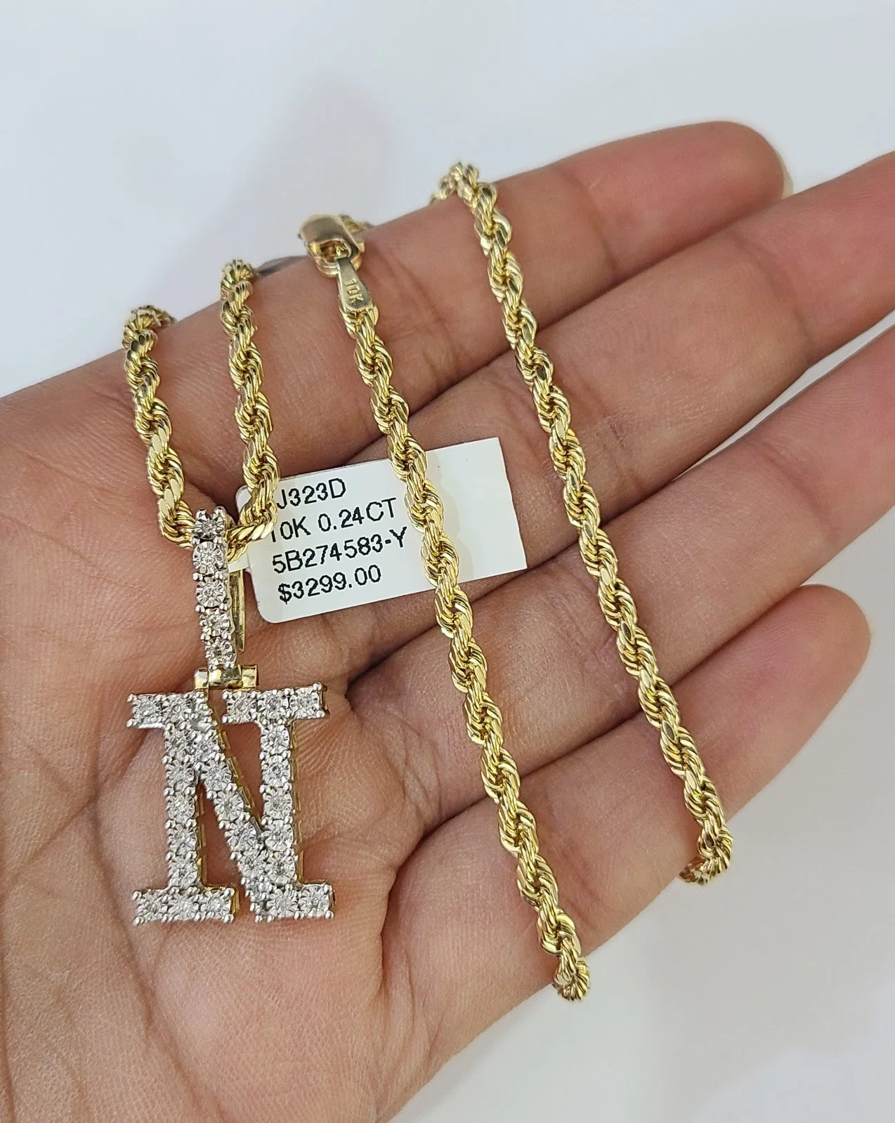 10k Rope Chain N Diamond Initial Charm Necklace Pendant Set 2mm 18"-24" Gold