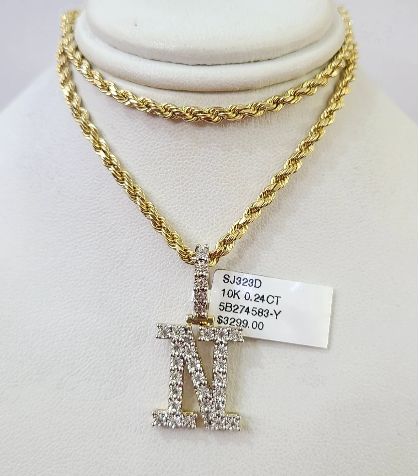 10k Rope Chain N Diamond Initial Charm Necklace Pendant Set 2mm 18"-24" Gold - Image 3